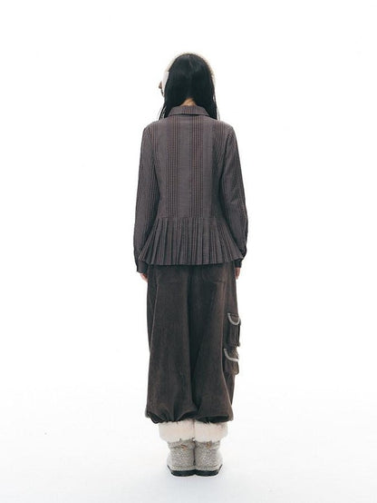 NAPSNAPS Brown Purple Plaid Lettuce Edge Double Placket Women&