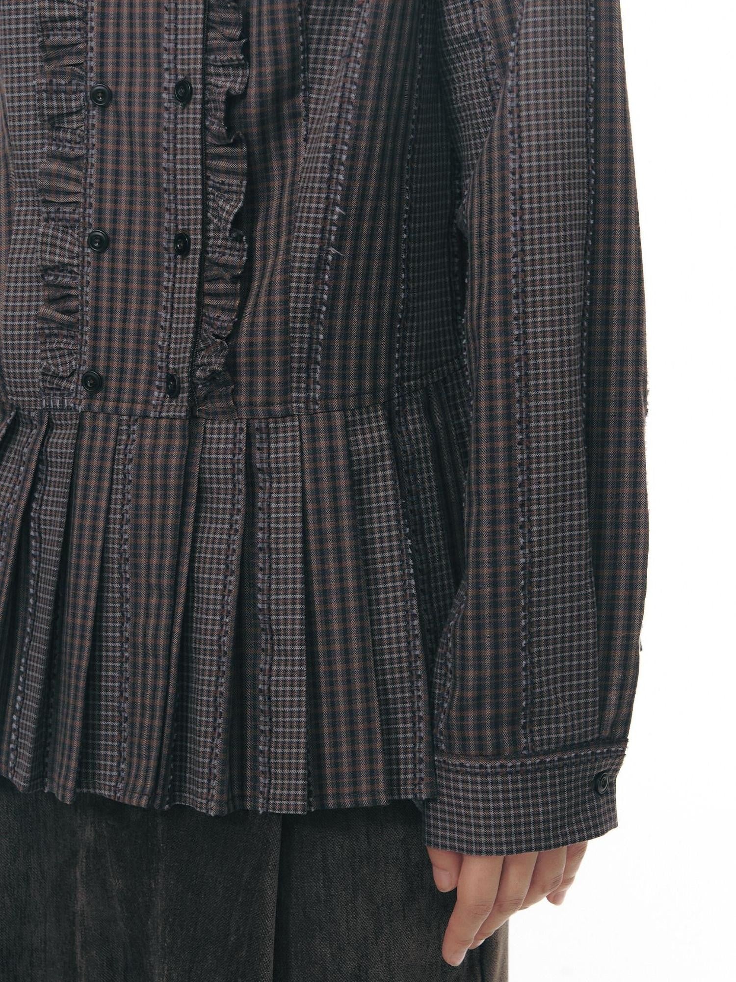 NAPSNAPS Brown Purple Plaid Lettuce Edge Double Placket Women&