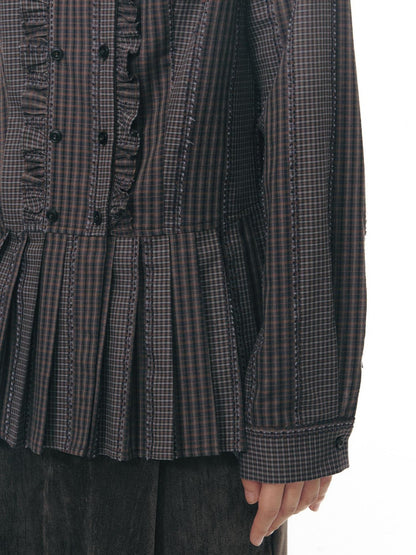 NAPSNAPS Brown Purple Plaid Lettuce Edge Double Placket Women&