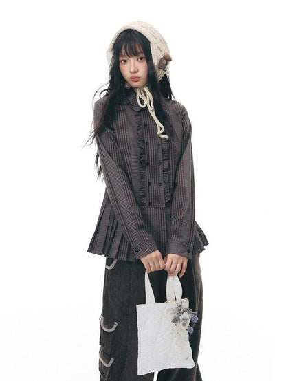 NAPSNAPS Brown Purple Plaid Lettuce Edge Double Placket Women&