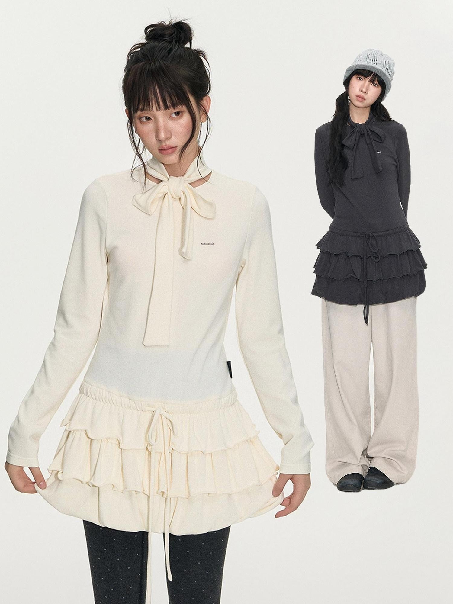 NAPSNAPS Bubble Hem Tie Neck Knit A Line Women&