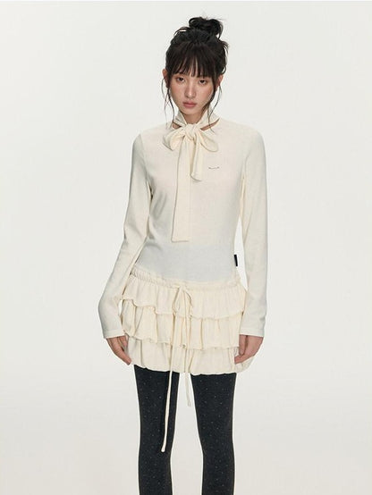 NAPSNAPS Bubble Hem Tie Neck Knit A Line Women&