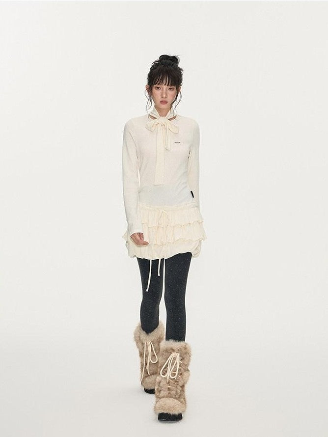 NAPSNAPS Bubble Hem Tie Neck Knit A Line Women&