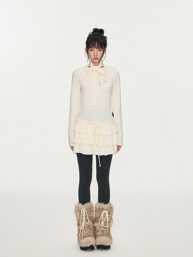 NAPSNAPS Bubble Hem Tie Neck Knit A Line Women&