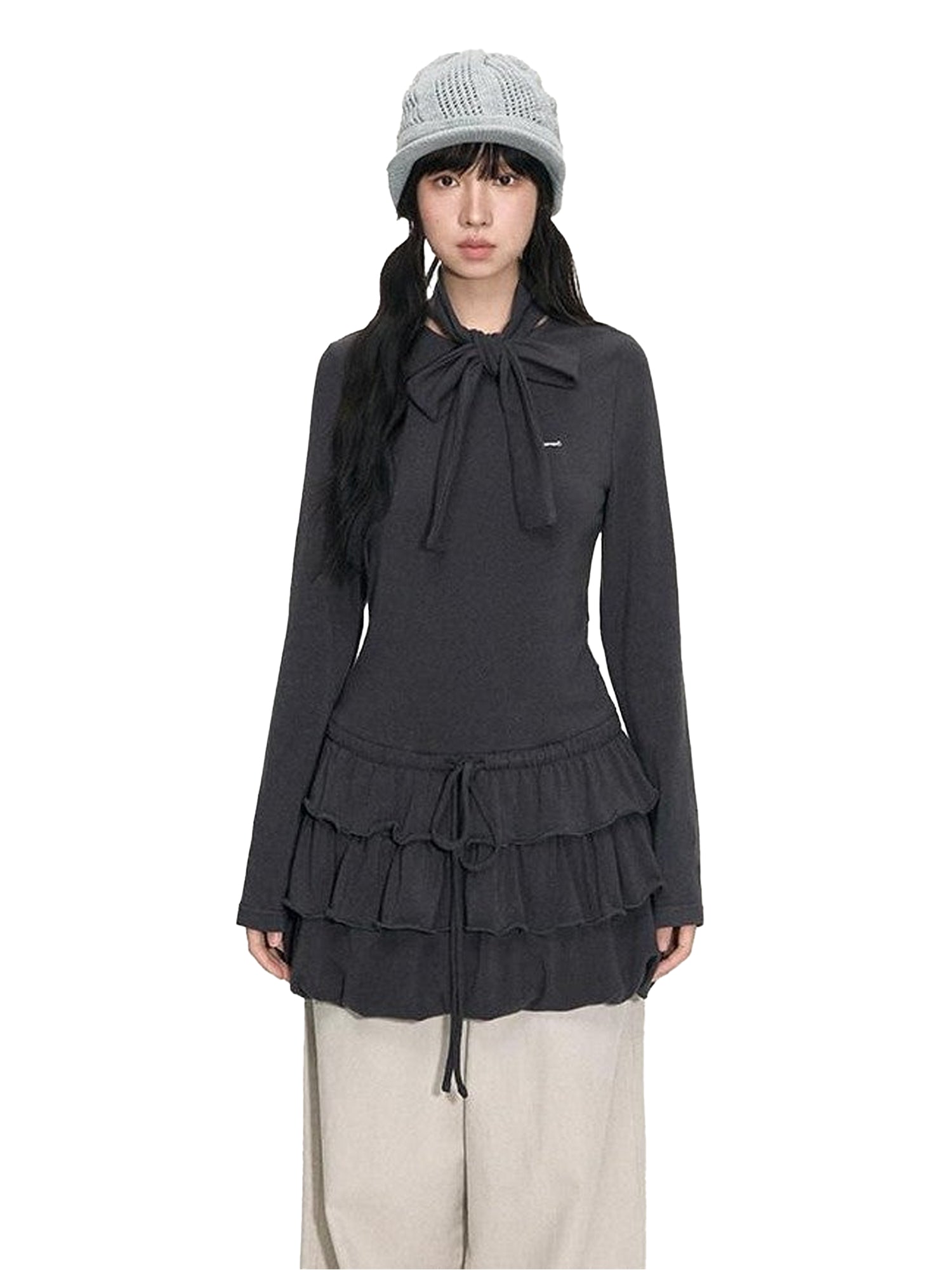 NAPSNAPS Bubble Hem Tie Neck Knit A Line Women&