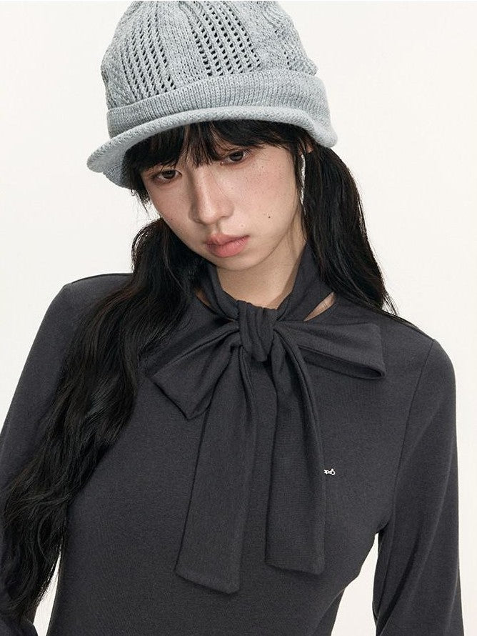 NAPSNAPS Bubble Hem Tie Neck Knit A Line Women&