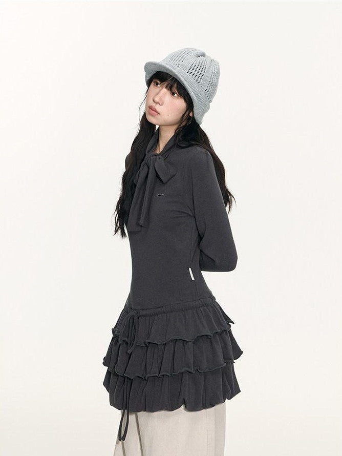 NAPSNAPS Bubble Hem Tie Neck Knit A Line Women&
