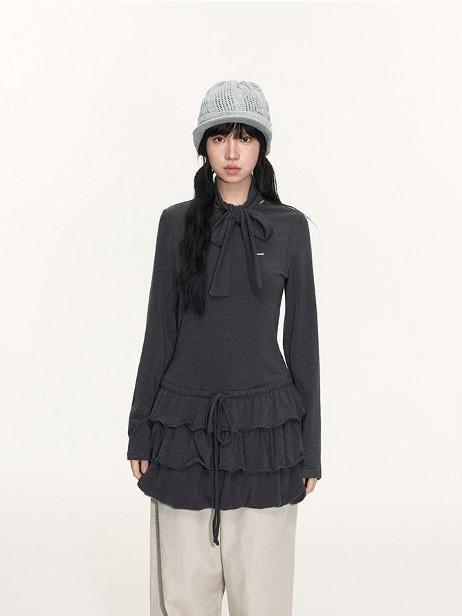 NAPSNAPS Bubble Hem Tie Neck Knit A Line Women&