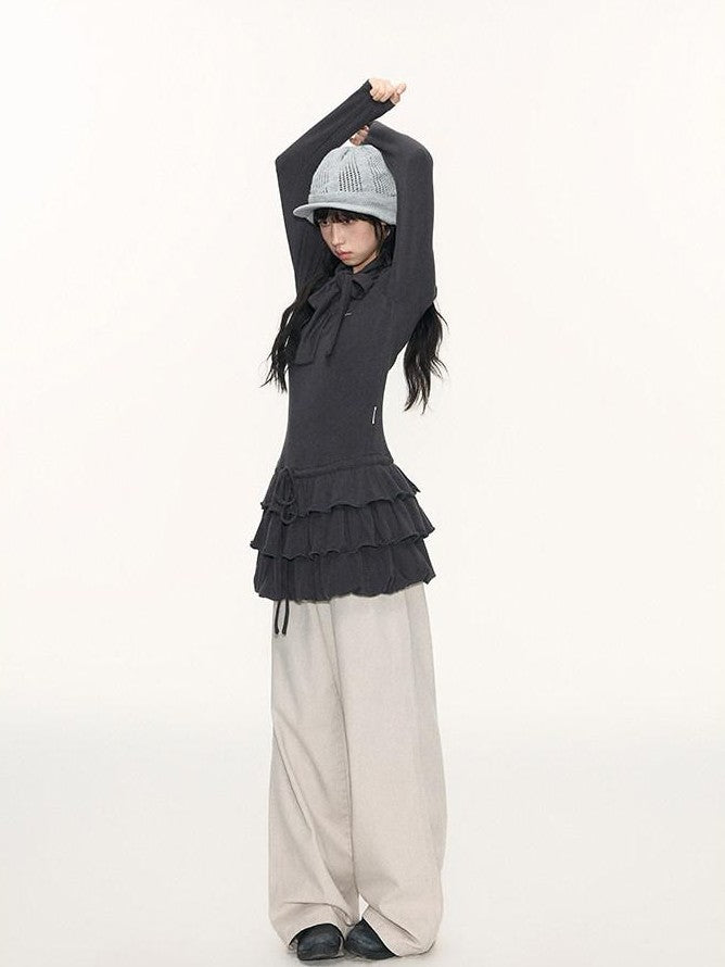 NAPSNAPS Bubble Hem Tie Neck Knit A Line Women&