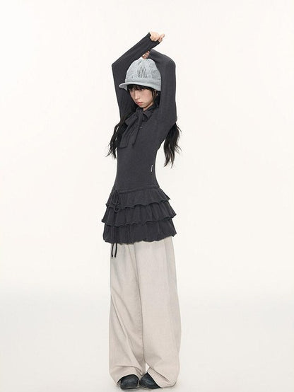 NAPSNAPS Bubble Hem Tie Neck Knit A Line Women&