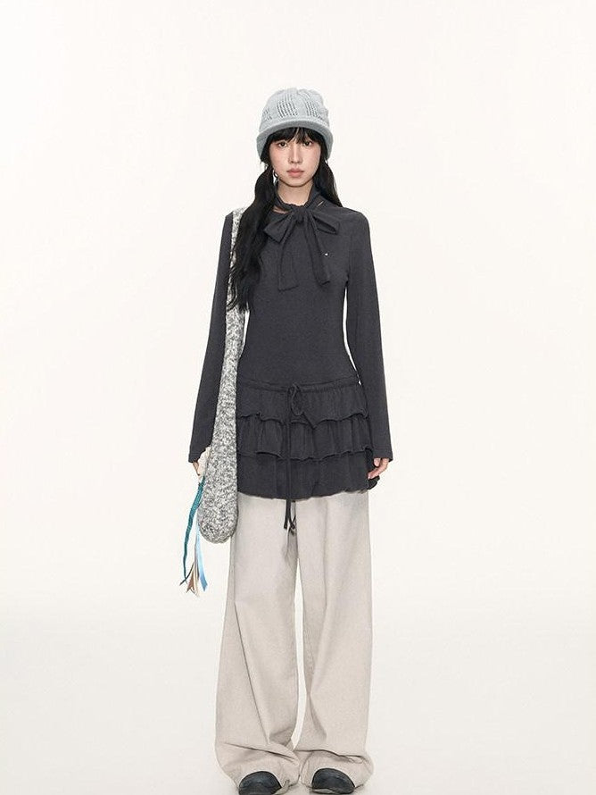 NAPSNAPS Bubble Hem Tie Neck Knit A Line Women&