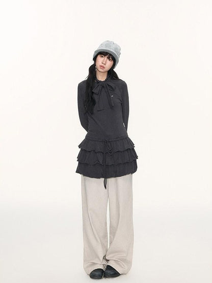 NAPSNAPS Bubble Hem Tie Neck Knit A Line Women&