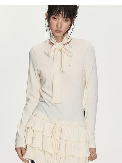 NAPSNAPS Bubble Hem Tie Neck Knit A Line Women&