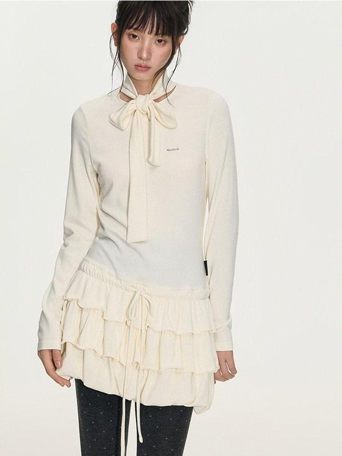 NAPSNAPS Bubble Hem Tie Neck Knit A Line Women&