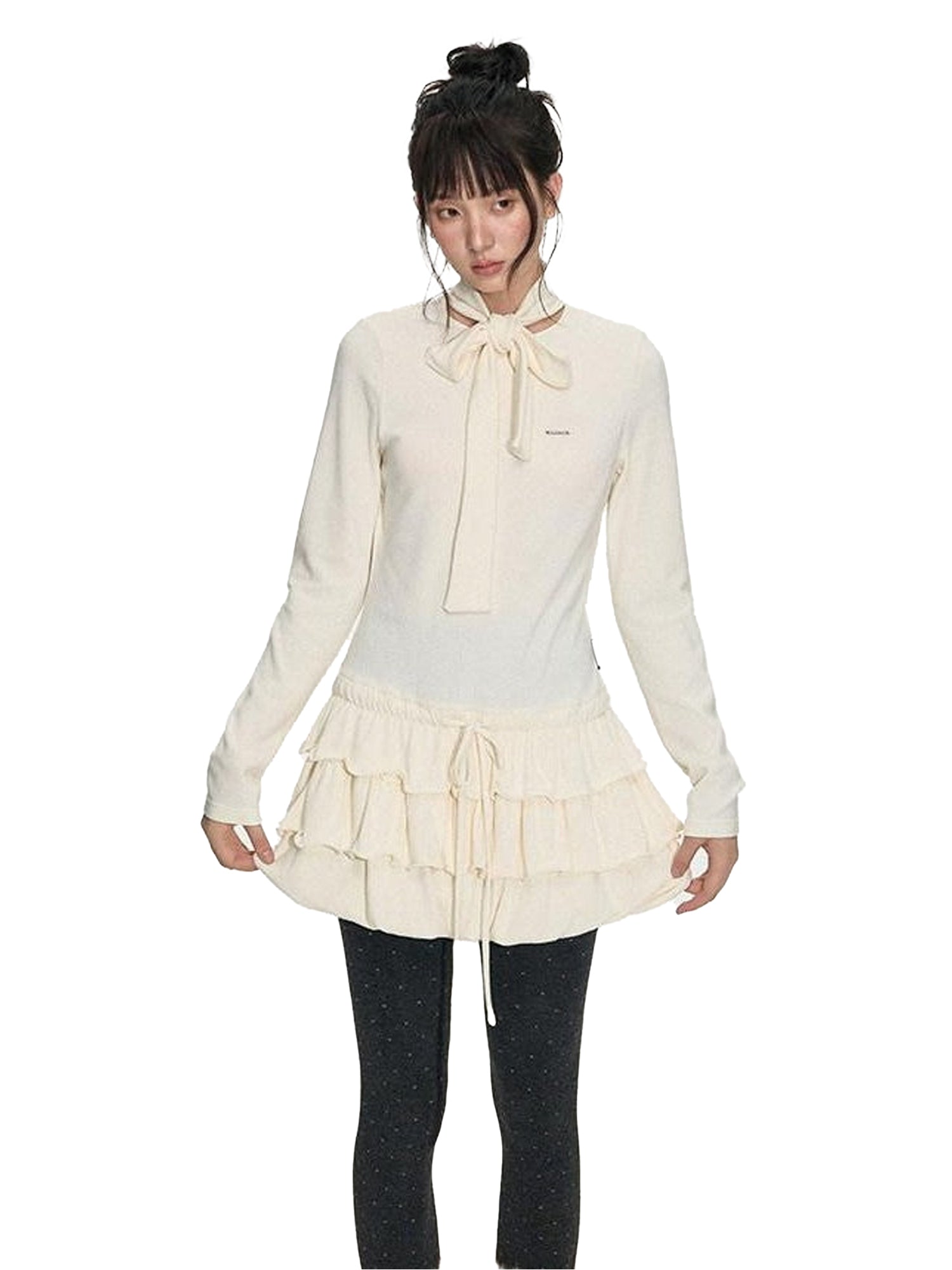 NAPSNAPS Bubble Hem Tie Neck Knit A Line Women&