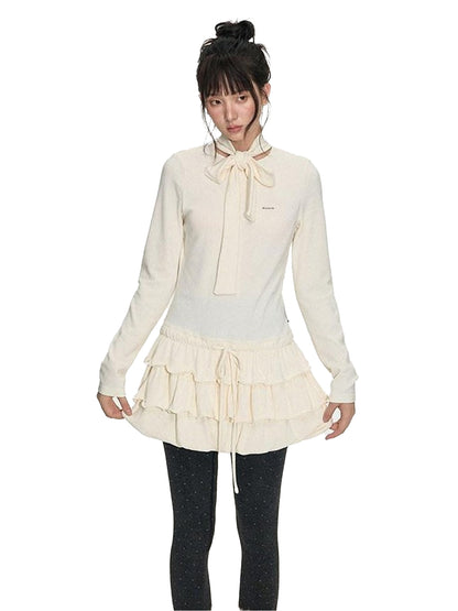 NAPSNAPS Bubble Hem Tie Neck Knit A Line Women&