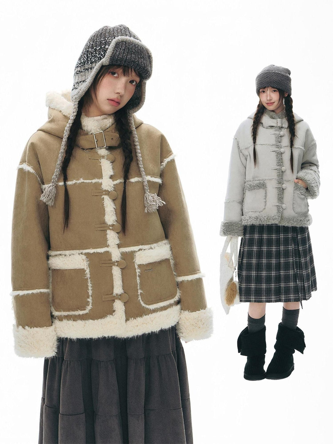 NAPSNAPS Camel Hooded Faux Shearling Patchwork Women&