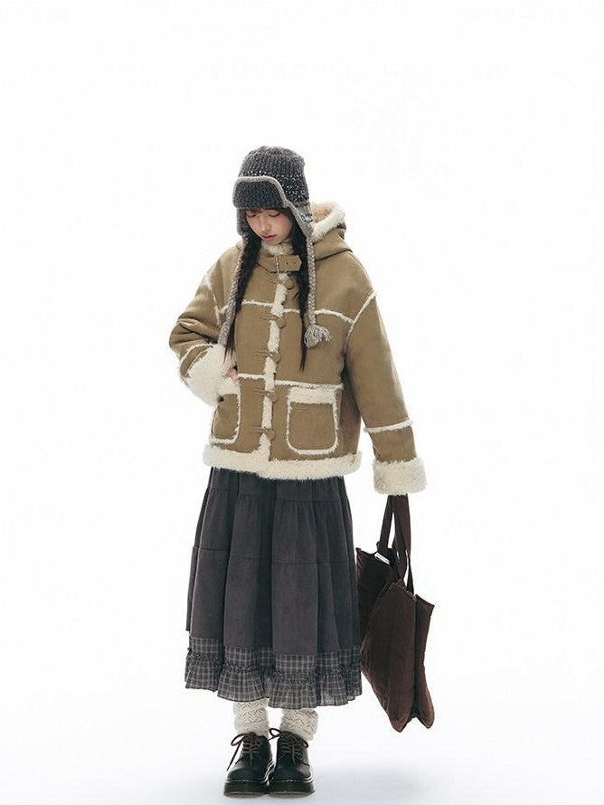 NAPSNAPS Camel Hooded Faux Shearling Patchwork Women&
