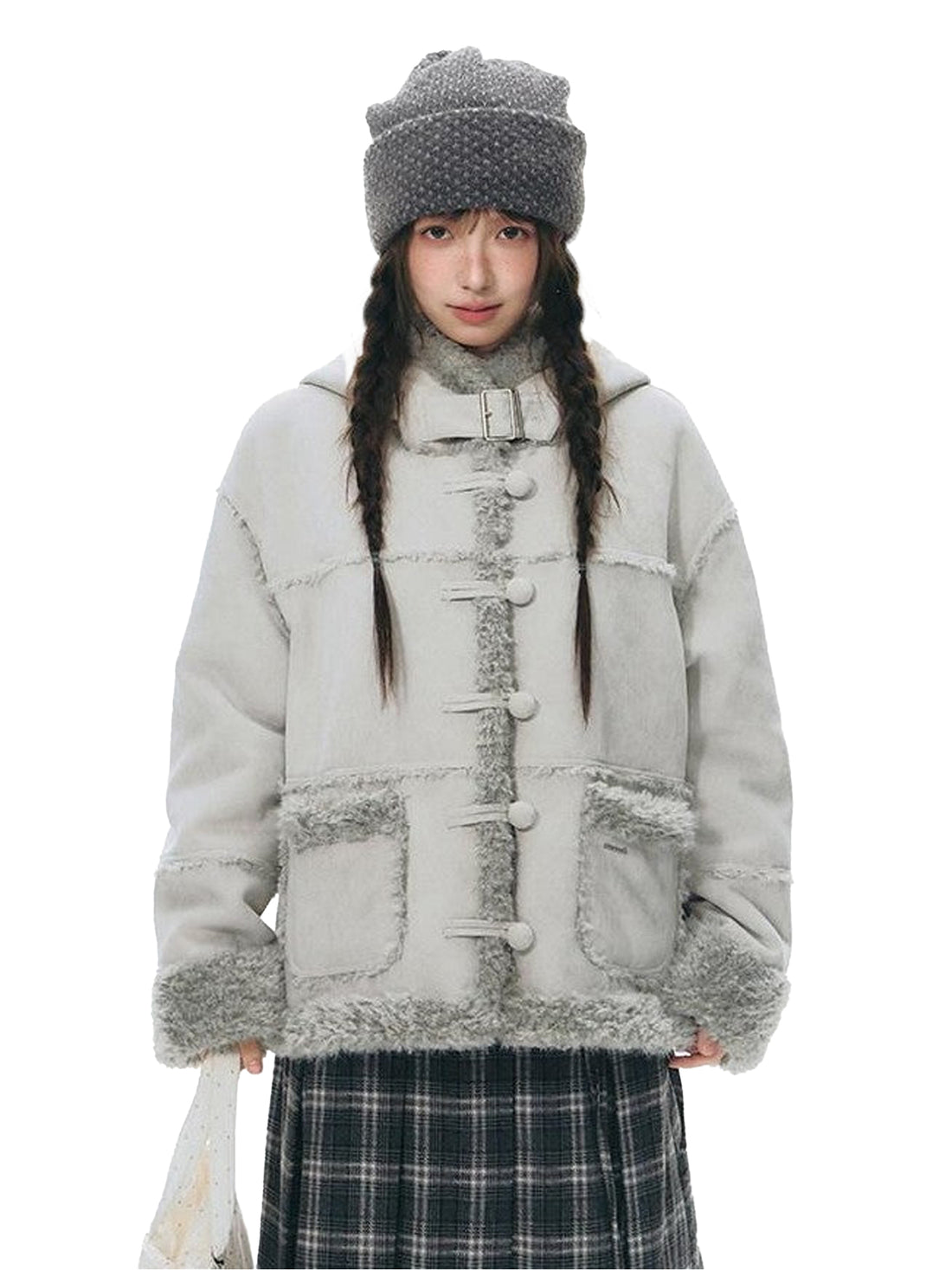 NAPSNAPS Camel Hooded Faux Shearling Patchwork Women&