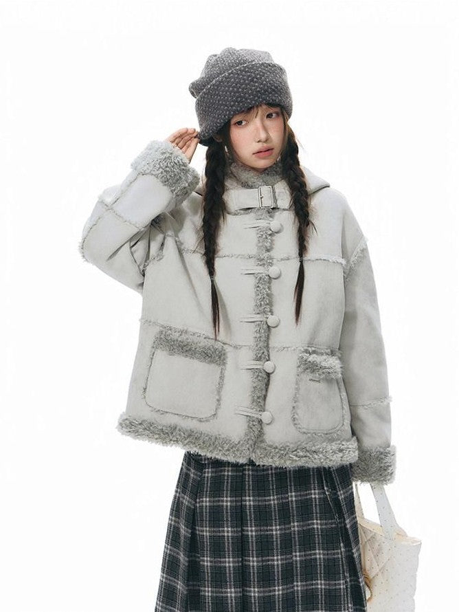NAPSNAPS Camel Hooded Faux Shearling Patchwork Women&