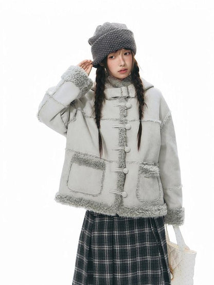 NAPSNAPS Camel Hooded Faux Shearling Patchwork Women&