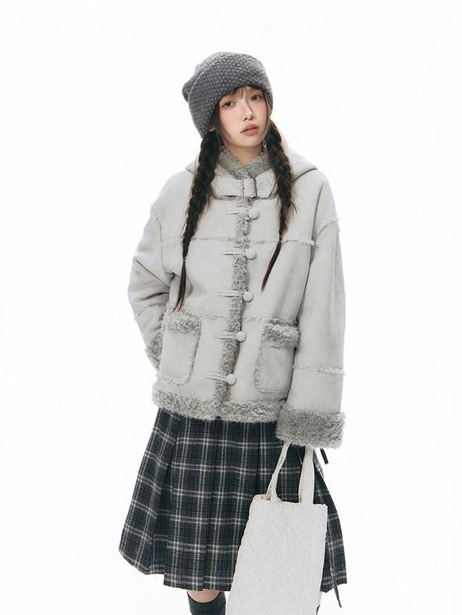 NAPSNAPS Camel Hooded Faux Shearling Patchwork Women&