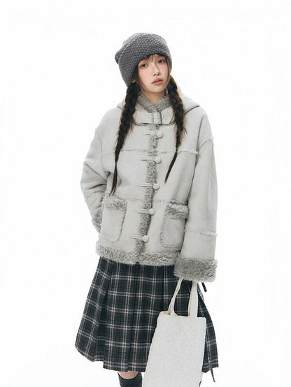 NAPSNAPS Camel Hooded Faux Shearling Patchwork Women&