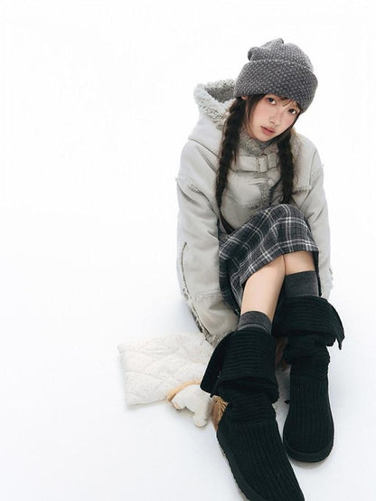 NAPSNAPS Camel Hooded Faux Shearling Patchwork Women&
