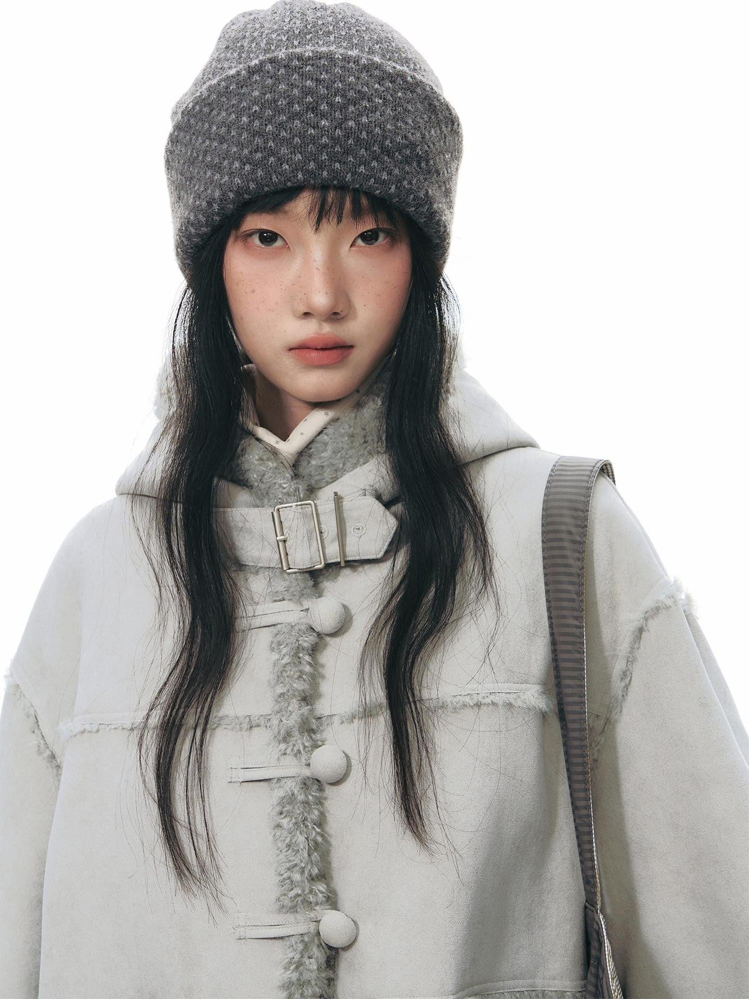 NAPSNAPS Camel Hooded Faux Shearling Patchwork Women&