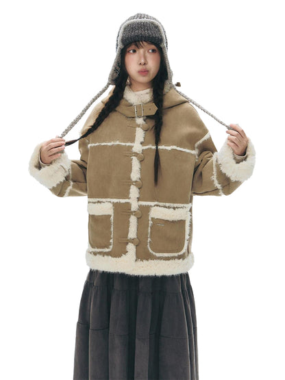 NAPSNAPS Camel Hooded Faux Shearling Patchwork Women&