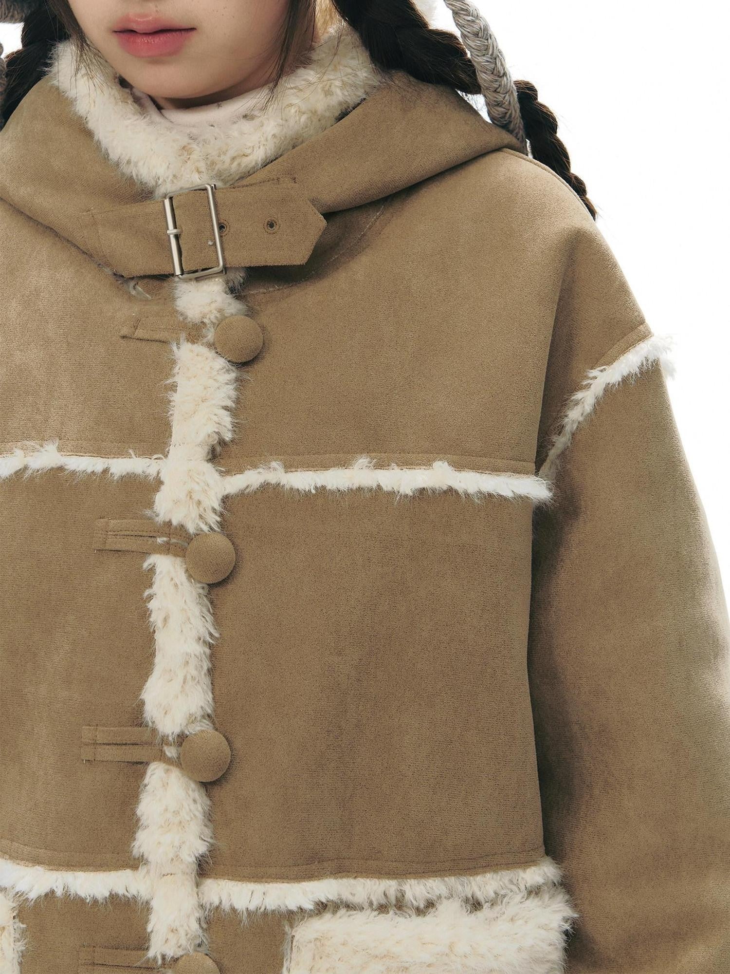 NAPSNAPS Camel Hooded Faux Shearling Patchwork Women&
