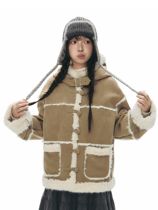 NAPSNAPS Camel Hooded Faux Shearling Patchwork Women&