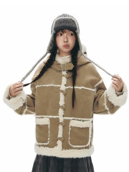 NAPSNAPS Camel Hooded Faux Shearling Patchwork Women&