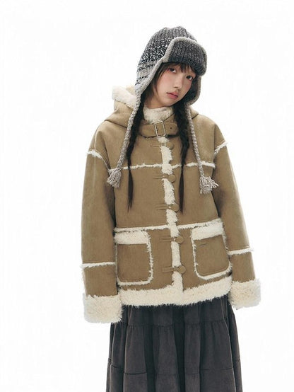NAPSNAPS Camel Hooded Faux Shearling Patchwork Women&