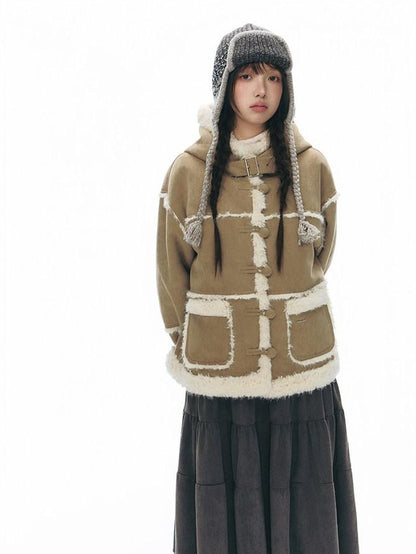 NAPSNAPS Camel Hooded Faux Shearling Patchwork Women&