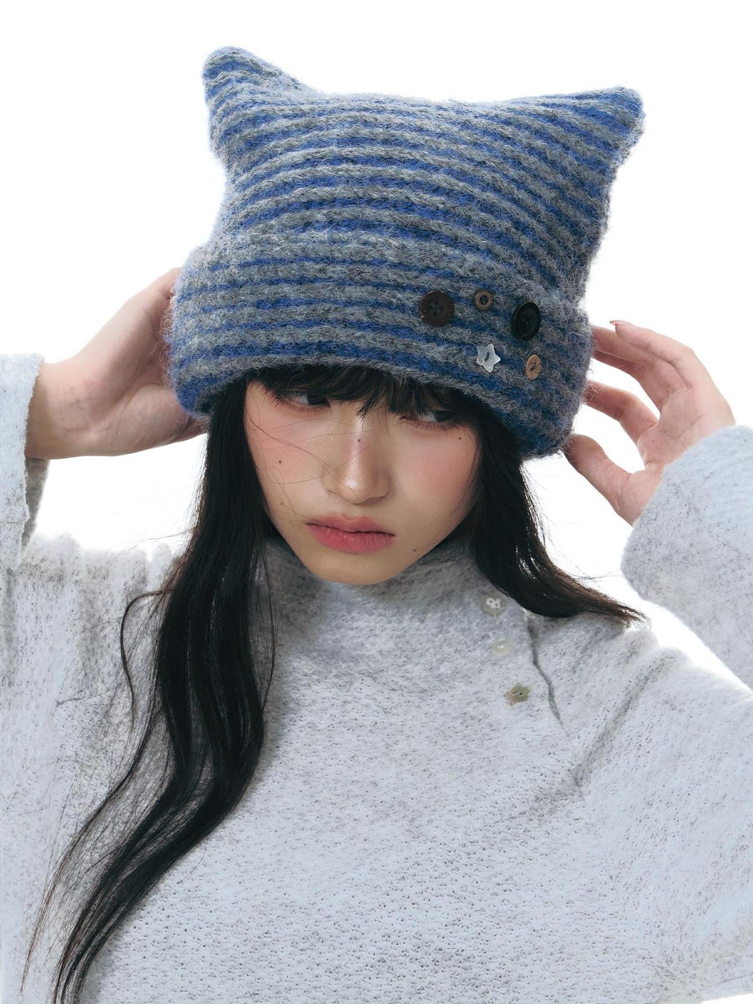 NAPSNAPS Cat Ear Handmade Button Striped Thickened Women&