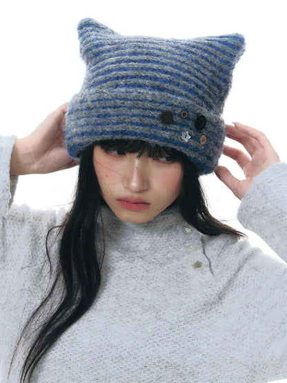 NAPSNAPS Cat Ear Handmade Button Striped Thickened Women&
