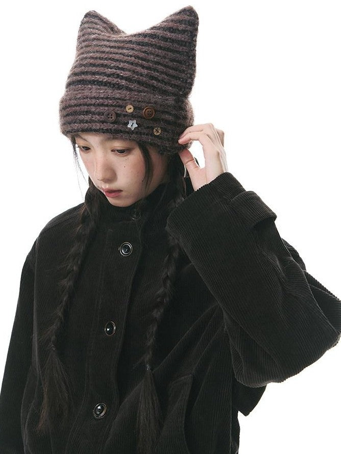 NAPSNAPS Cat Ear Handmade Button Striped Thickened Women&