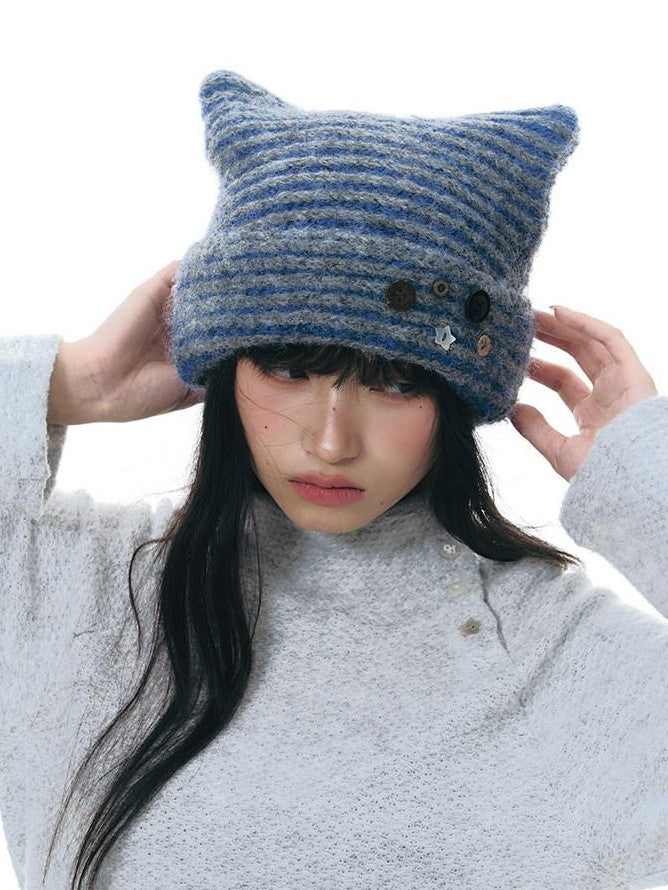 NAPSNAPS Cat Ear Handmade Button Striped Thickened Women&