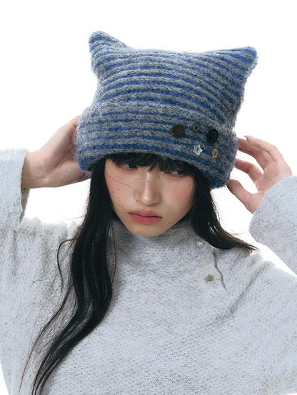 NAPSNAPS Cat Ear Handmade Button Striped Thickened Women&