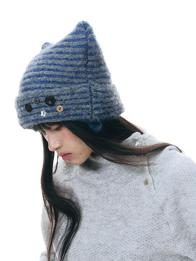 NAPSNAPS Cat Ear Handmade Button Striped Thickened Women&