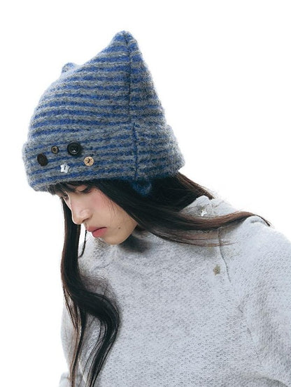 NAPSNAPS Cat Ear Handmade Button Striped Thickened Women&