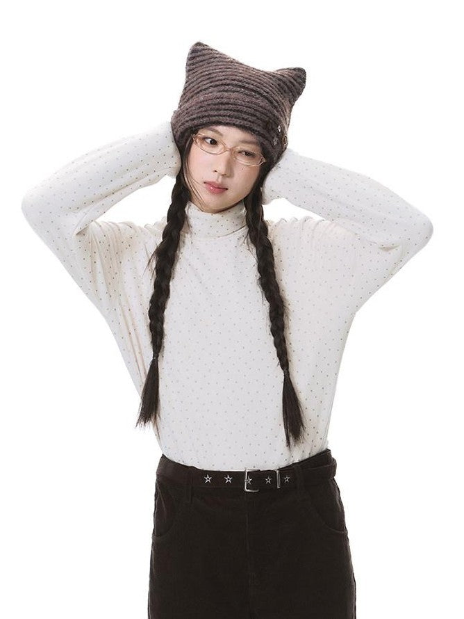 NAPSNAPS Cat Ear Handmade Button Striped Thickened Women&