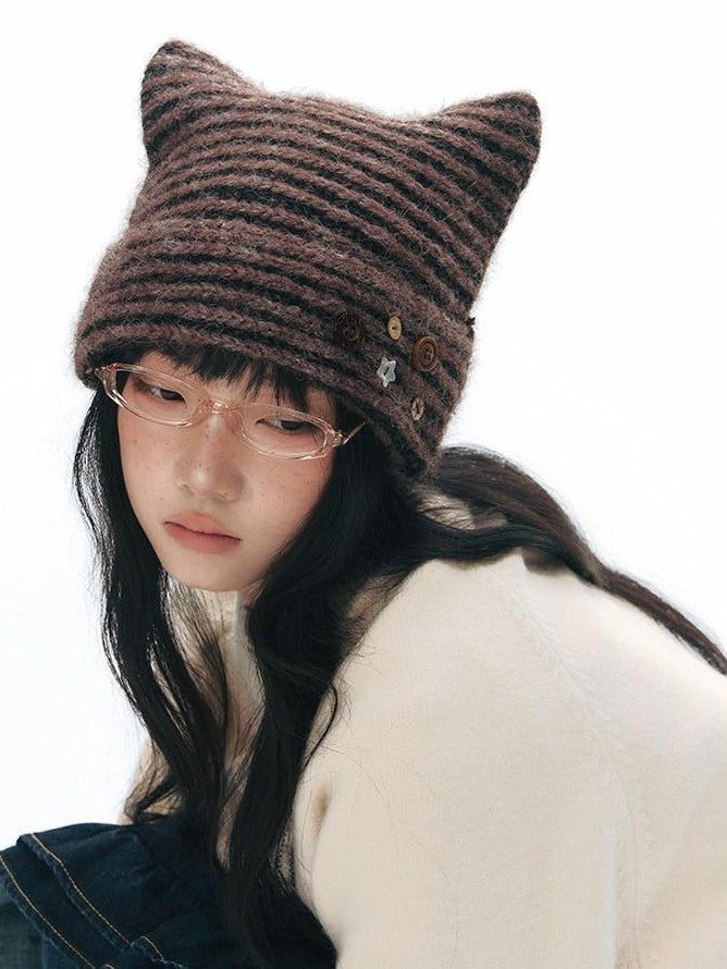 NAPSNAPS Cat Ear Handmade Button Striped Thickened Women&
