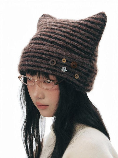 NAPSNAPS Cat Ear Handmade Button Striped Thickened Women&