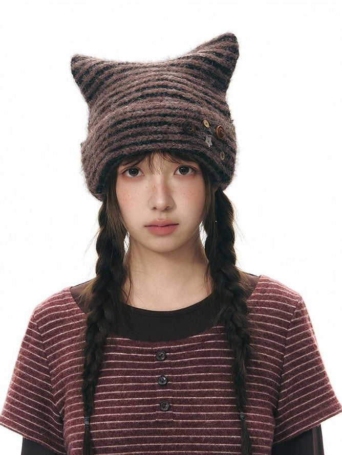 NAPSNAPS Cat Ear Handmade Button Striped Thickened Women&