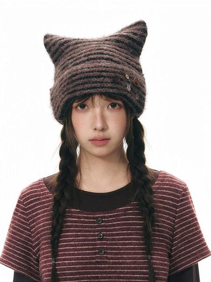 NAPSNAPS Cat Ear Handmade Button Striped Thickened Women&