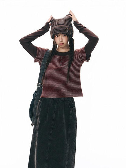 NAPSNAPS Cat Ear Handmade Button Striped Thickened Women&
