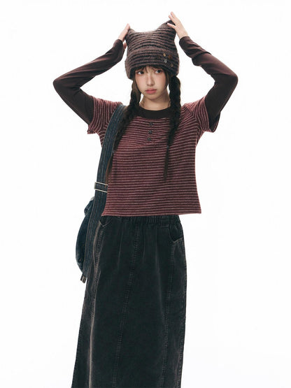 NAPSNAPS Cat Ear Handmade Button Striped Thickened Women&