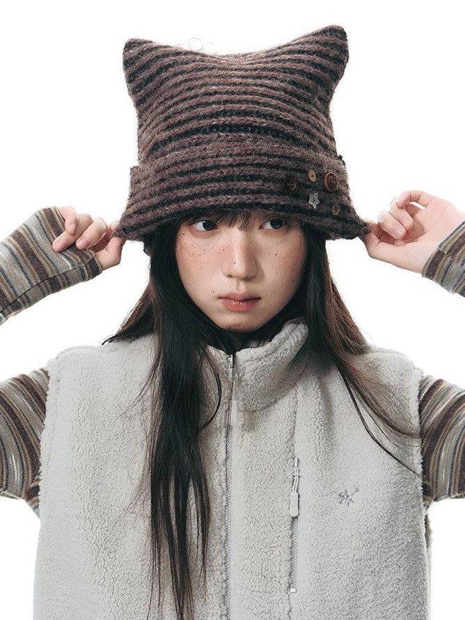 NAPSNAPS Cat Ear Handmade Button Striped Thickened Women&